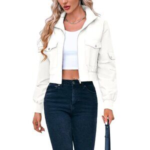 Women's White Short Bomber Jackets Stand Collar Zip Up Long Sleeve Lightweight